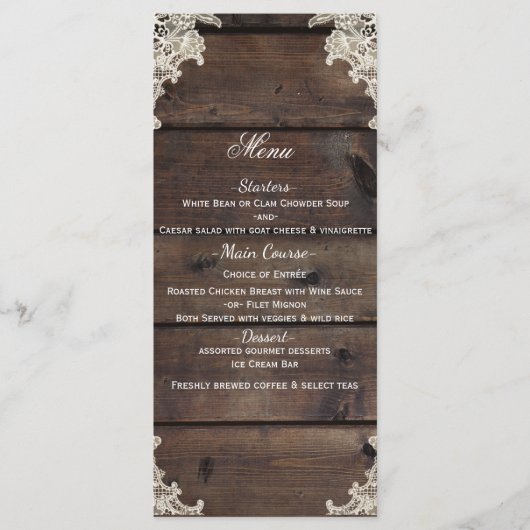 Rustic Wood & Lace Schuur Romantische Trouwmenu Menu (Voorkant)