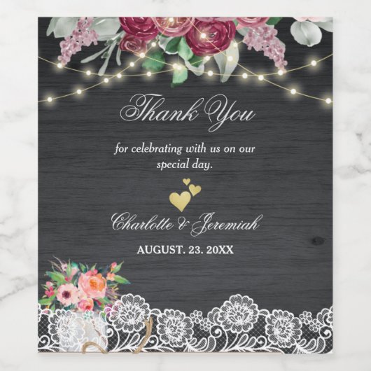 Rustic Wood Lace String Lights Dank u huwelijk Wijn Etiket (Enkel label)