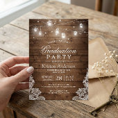 Rustic Wood Lace String Lights Graduparty Kaart