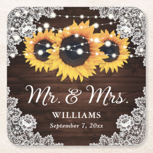 Rustic Wood Lace String Lights Sunflower Wedding Vierkante Kartonnen Onderzetter