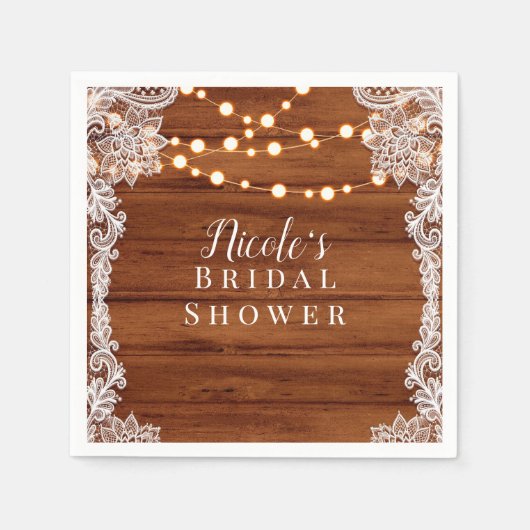 Rustic Wood Lace & String Lights Wedding Bridal Servet (Voorkant)