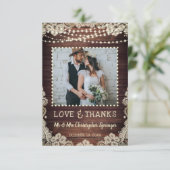 Rustic Wood Lace String Lights Wedding Dank u Bedankkaart (Staand voorkant)
