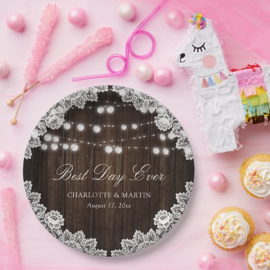 Rustic Wood Lace String Lights Wedding Papieren Bordje (Feest)