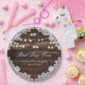 Rustic Wood Lace String Lights Wedding Papieren Bordje (Feest)