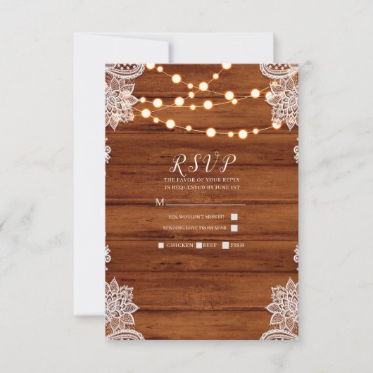 Rustic Wood Lace & String Lights Wedding RSVP (Voorkant)