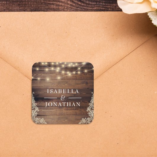 Rustic Wood, Lace & String Lights Wedding Vierkante Sticker