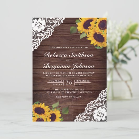 Rustic Wood Lace Sunflower QR Code Weddenschap Kaart (Staand voorkant)