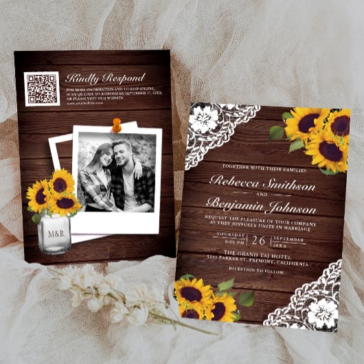 Rustic Wood Lace Sunflower QR Code Weddenschap Kaart