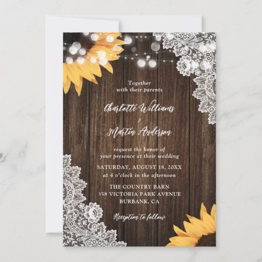 Rustic Wood Lace Sunflower Wedding Invitting Kaart (Voorkant)