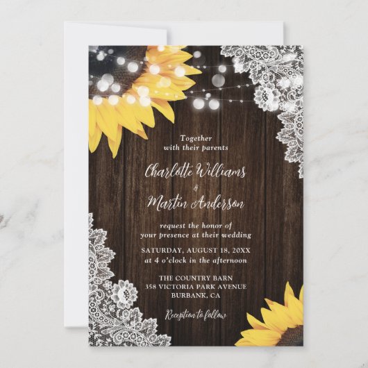 Rustic Wood Lace Sunflower Wedding Kaart (Voorkant)