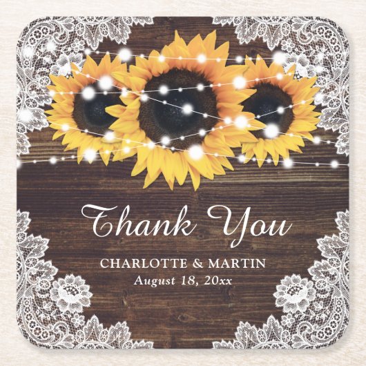 Rustic Wood Lace Sunflower Wedding Onderzetters (Voorkant)