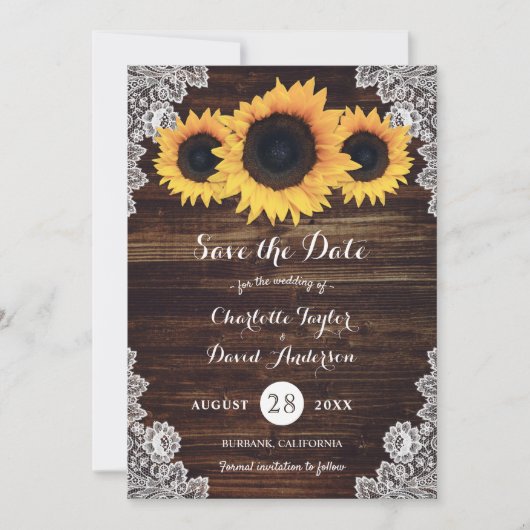 Rustic Wood Lace Sunflower Wedding Save The Date (Voorkant)