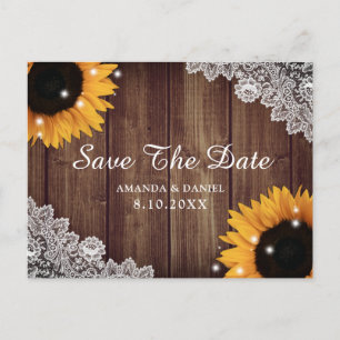 Rustic Wood Lace Sunflower Wedding Save the Date Briefkaart