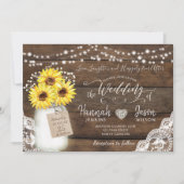 Rustic Wood Lace Wedding Invitation, Sunflower Jar Kaart (Voorkant)