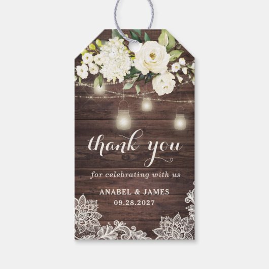 Rustic Wood Lace White Flowers Mason Jar String Cadeaulabel (Voorkant)