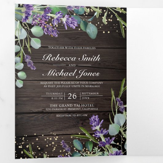 Rustic Wood Lavender Eucalyptus QR Code Weddenscha Drieluik Uitnodiging (Binnenzijde eerst)