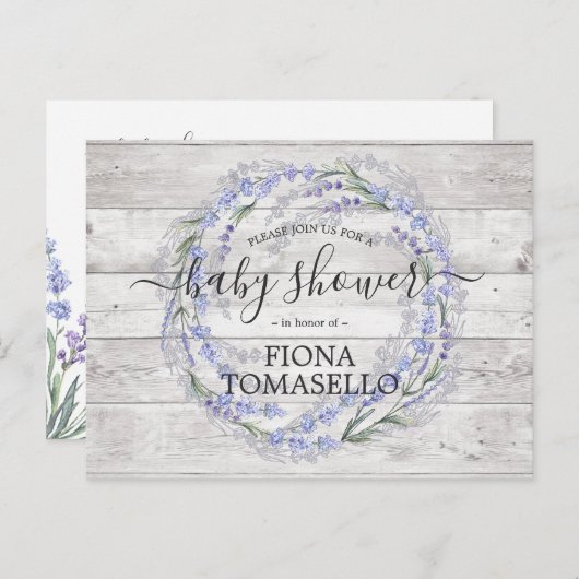 Rustic Wood Lavender Floral Wreate Baby shower Uitnodiging Briefkaart (Voorkant / Achterkant)