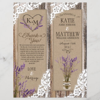 Rustic Wood Lavender Lace Floral Program Kaart
