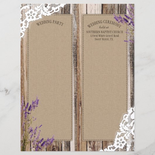 Rustic Wood Lavender Lace Floral Program Kaart (Achterkant)