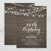 Rustic Wood & Lichten 60th Adult Birthday Party Kaart (Voorkant / Achterkant)
