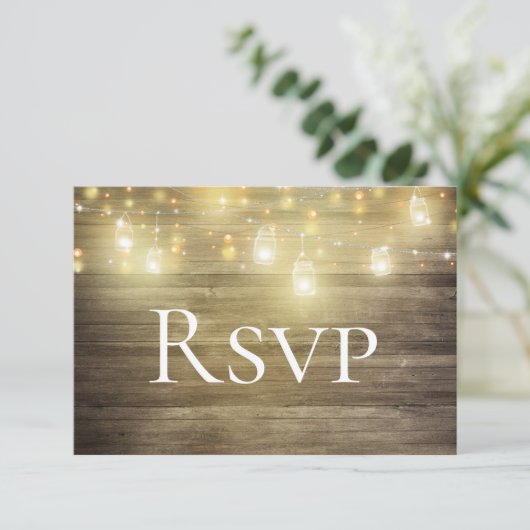 Rustic Wood & Lichten Mason Jar RSVP-kaart Save The Date (Staand voorkant)