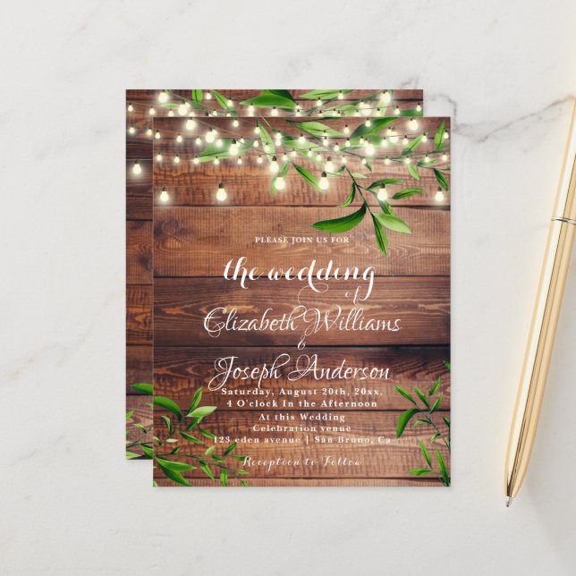 Rustic Wood Light & Greenery Wedding Invitation (Voorkant / Achterkant in situ)