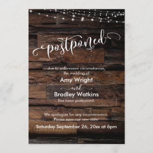 Rustic Wood Light Strings Postponed Wedding Kaart