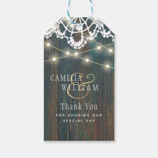 RUSTIC WOOD LIGHTS LACE Wedding Bedankt Cadeaulabel (Voorkant)