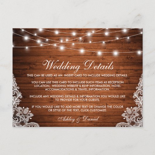 Rustic Wood Lights Lace Wedding Details Kaart (Voorkant)