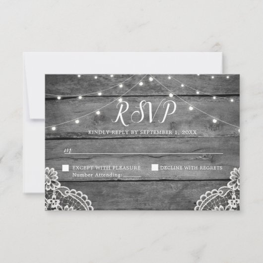 Rustic Wood Lights Lace Wedding RSVP Kaartje (Voorkant)