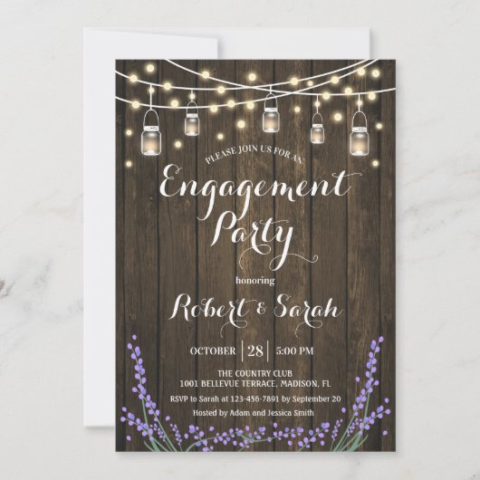 Rustic Wood Lights Lavender Engagement Party Kaart (Voorkant)