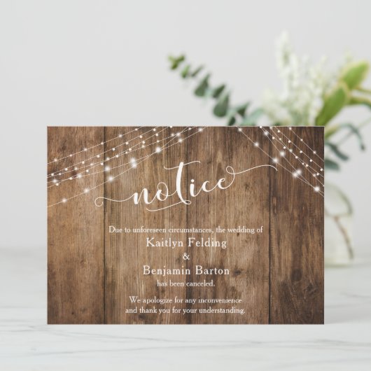 Rustic Wood & Lights Notice geannuleerd bruiloft K Kaart (Staand voorkant)