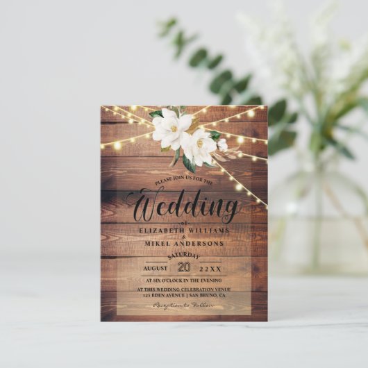 Rustic Wood Lights String & Floral White bruiloft Kaart (Staand voorkant)