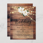 Rustic Wood Lights String & Floral White bruiloft Kaart (Voorkant / Achterkant)