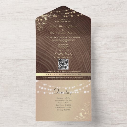 Rustic Wood Lights Timeline Wedding All In One Uitnodiging (Binnen)