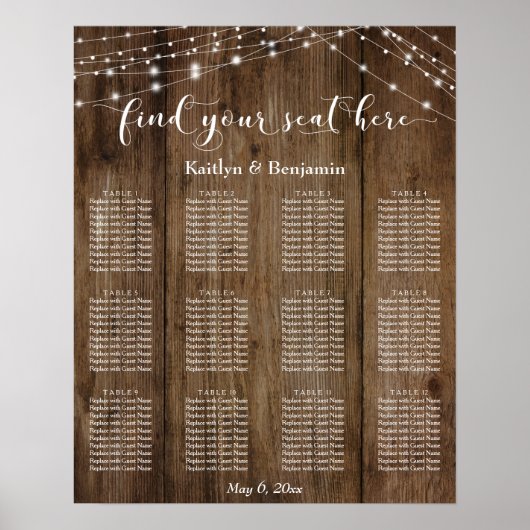 Rustic Wood Lights Wedding Reception Seating Chart Poster (Voorkant)