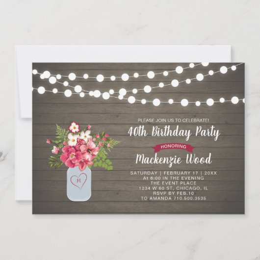 Rustic Wood & Mason Jar 40th Birthday Invitation (Devant)