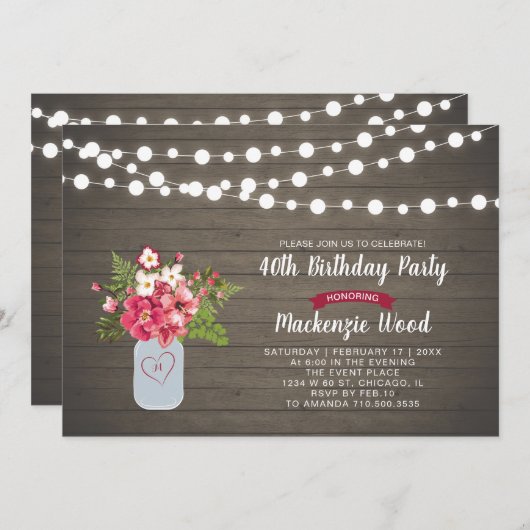Rustic Wood & Mason Jar 40th Birthday Invitation (Devant / Derrière)