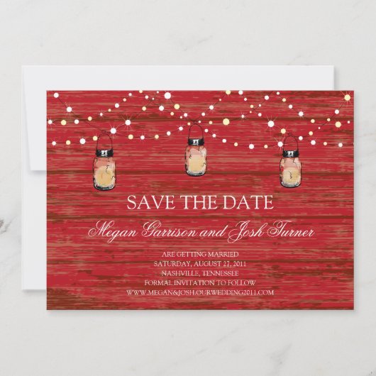 Rustic Wood Mason Jar en Lichten sparen de Datum Save The Date (Voorkant)