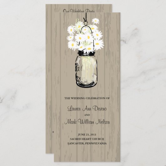 Rustic Wood Mason Jar et Daisy Programme (Devant / Derrière)