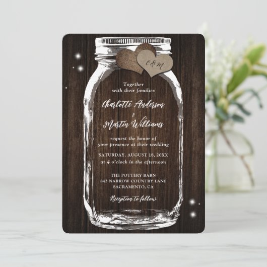 Rustic Wood Mason Jar Heart Wedding Uitnodiging (Staand voorkant)