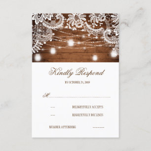 Rustic Wood Mason Jar Lights Lace Wedding RSVP Kaartje