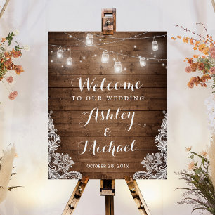 Rustic Wood Mason Jar Lights Lace Wedding Sign Poster