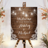 Rustic Wood Mason Jar Lights Lace Wedding Sign Poster