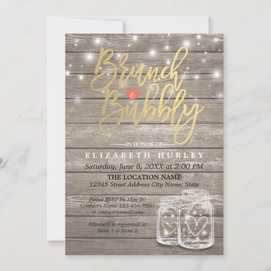 Rustic Wood Mason Jar String Light Brunch & Bubble Kaart (Voorkant)
