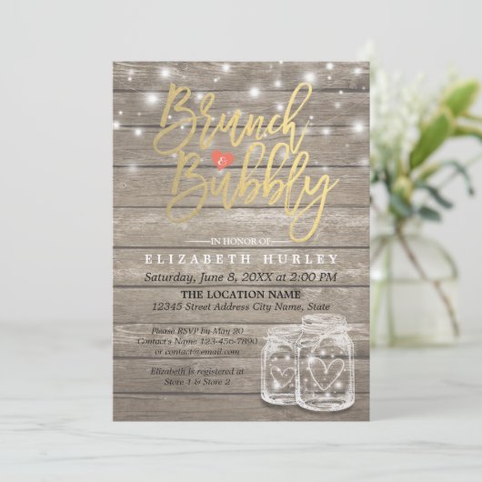 Rustic Wood Mason Jar String Light Brunch & Bubble Kaart (Staand voorkant)