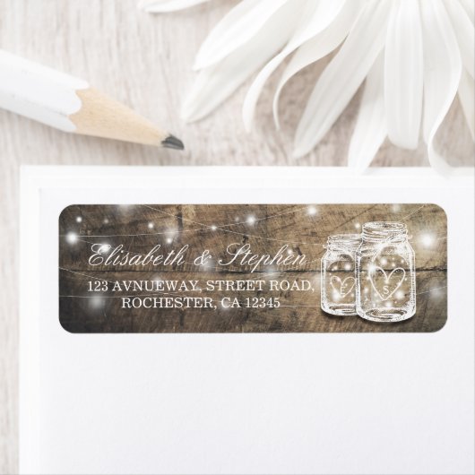 Rustic Wood Mason Jar String Light Wedding Address Etiket (Insitu)