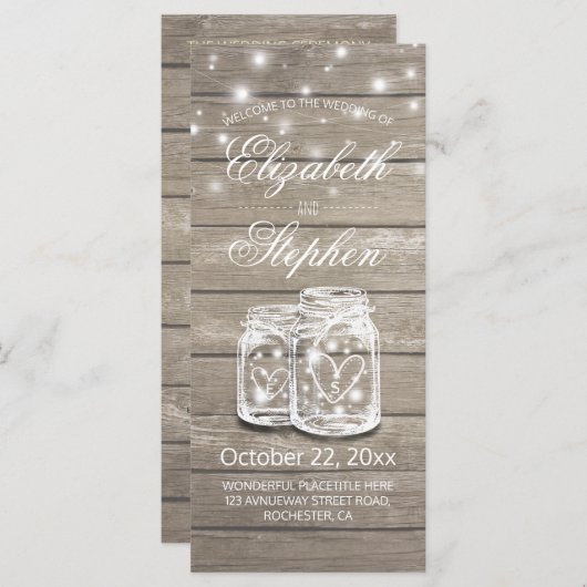 Rustic Wood Mason Jar String Light Wedding Program Programma (Voorkant / Achterkant)