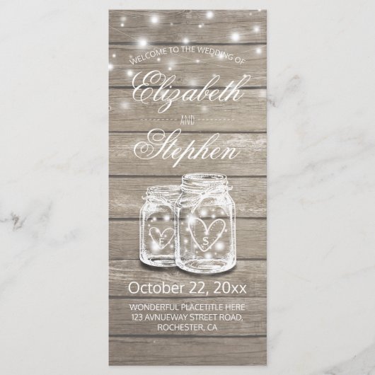 Rustic Wood Mason Jar String Light Wedding Program Programma (Voorkant)