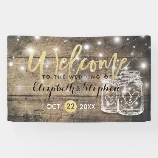 Rustic Wood Mason Jar String Light Weduwen Welkom Spandoek (Horizontaal)